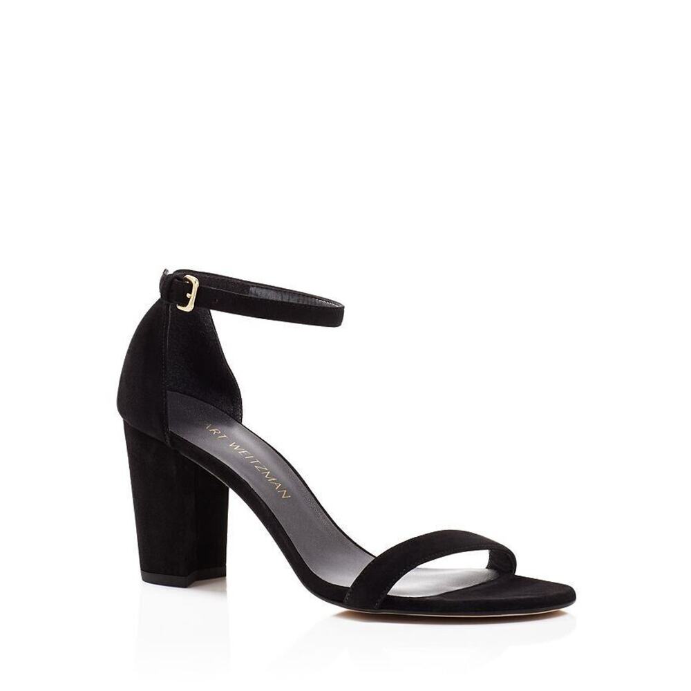 Stuart Weitzman Black Suede Block Heel Ankle Strap Sandals